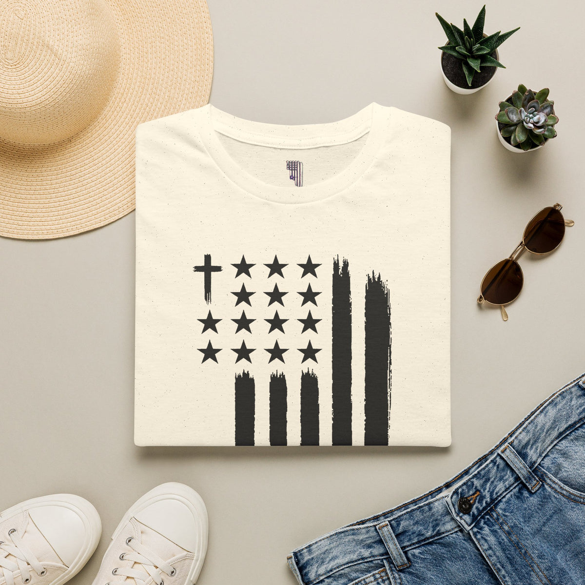 Christian Flag T-Shirt — Distressed American Cross Stars Tee