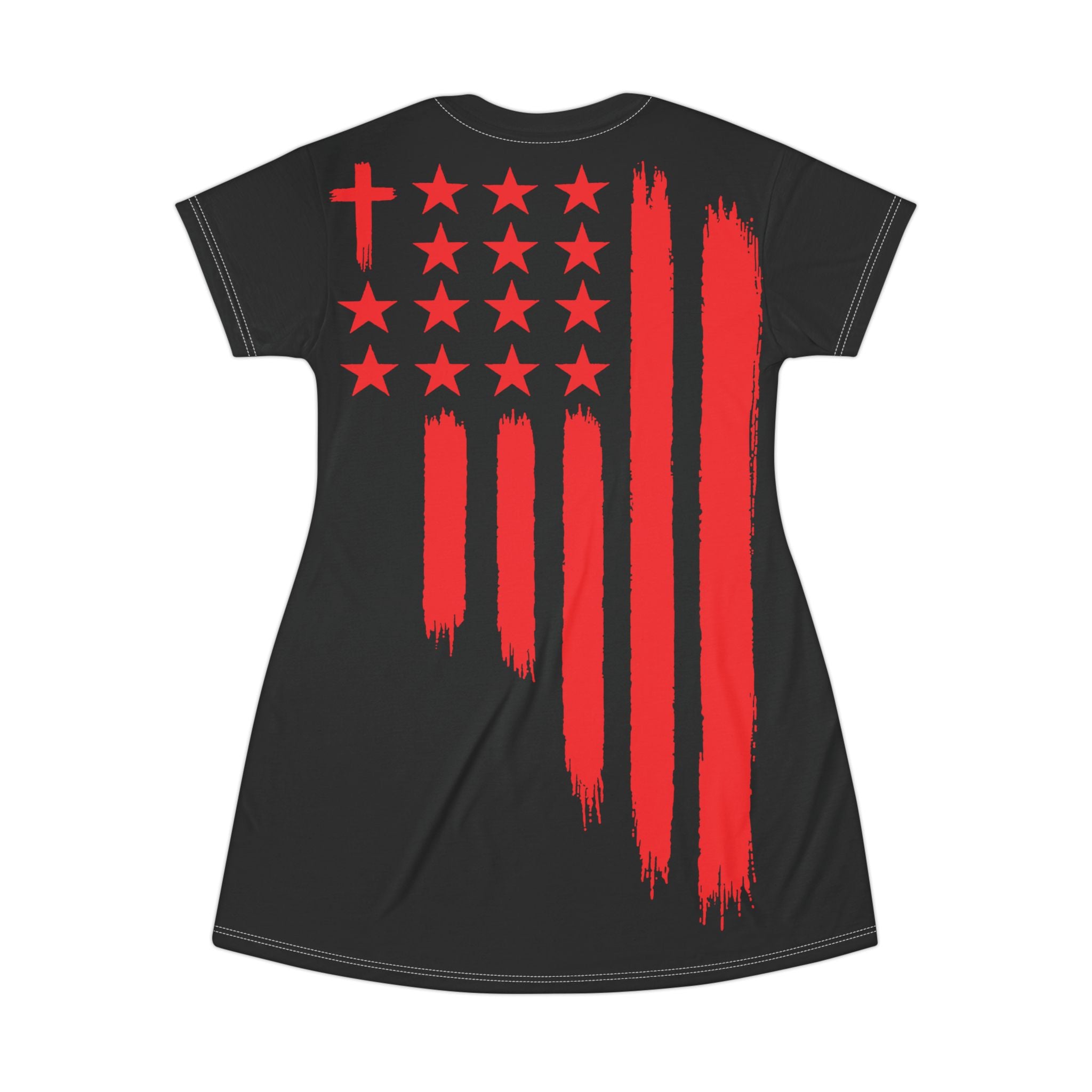 Patriotic Cross Flag T-Shirt Dress — Red Brushstroke American Flag