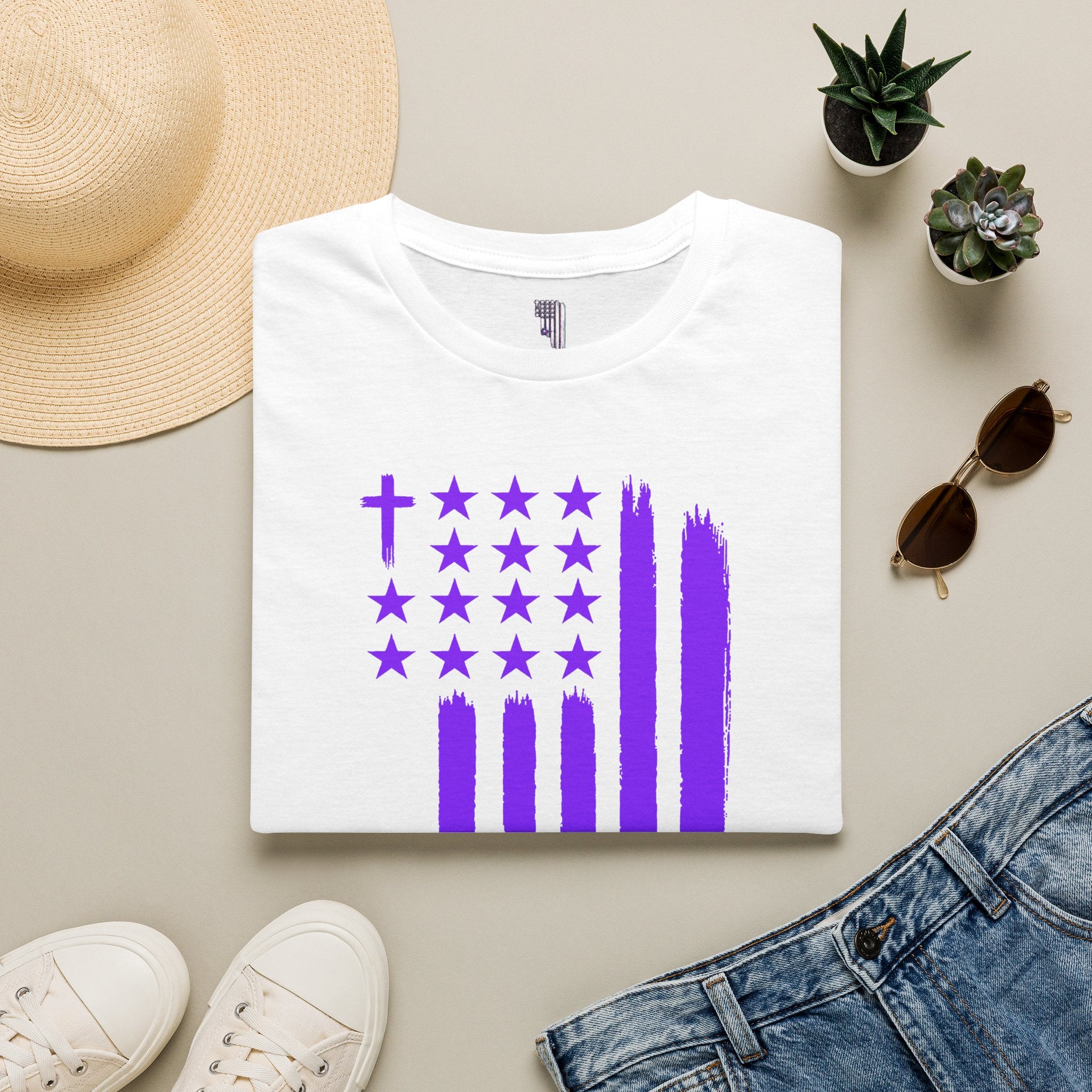Christian Flag T-Shirt — Purple Brushstroke American Flag with Cross