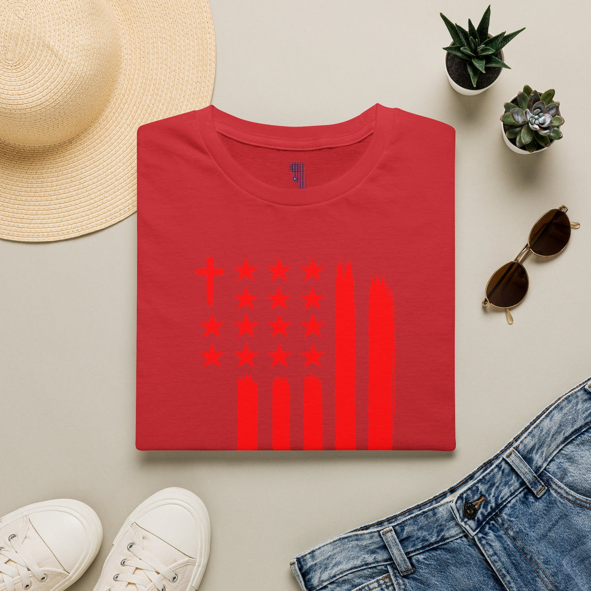 Patriotic Red Brushstroke Flag T‑Shirt
