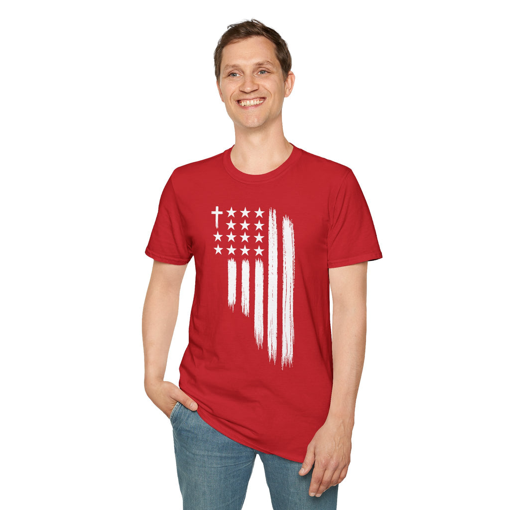 Christian American Flag T-Shirt — Distressed Cross & Stars Patriotic Tee