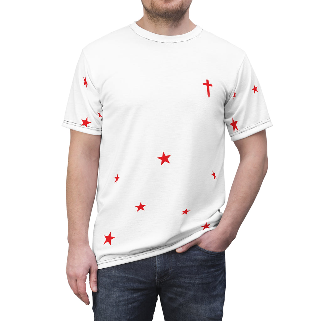 White Tee with Red Stars & Cross — Christian Graphic T‑Shirt