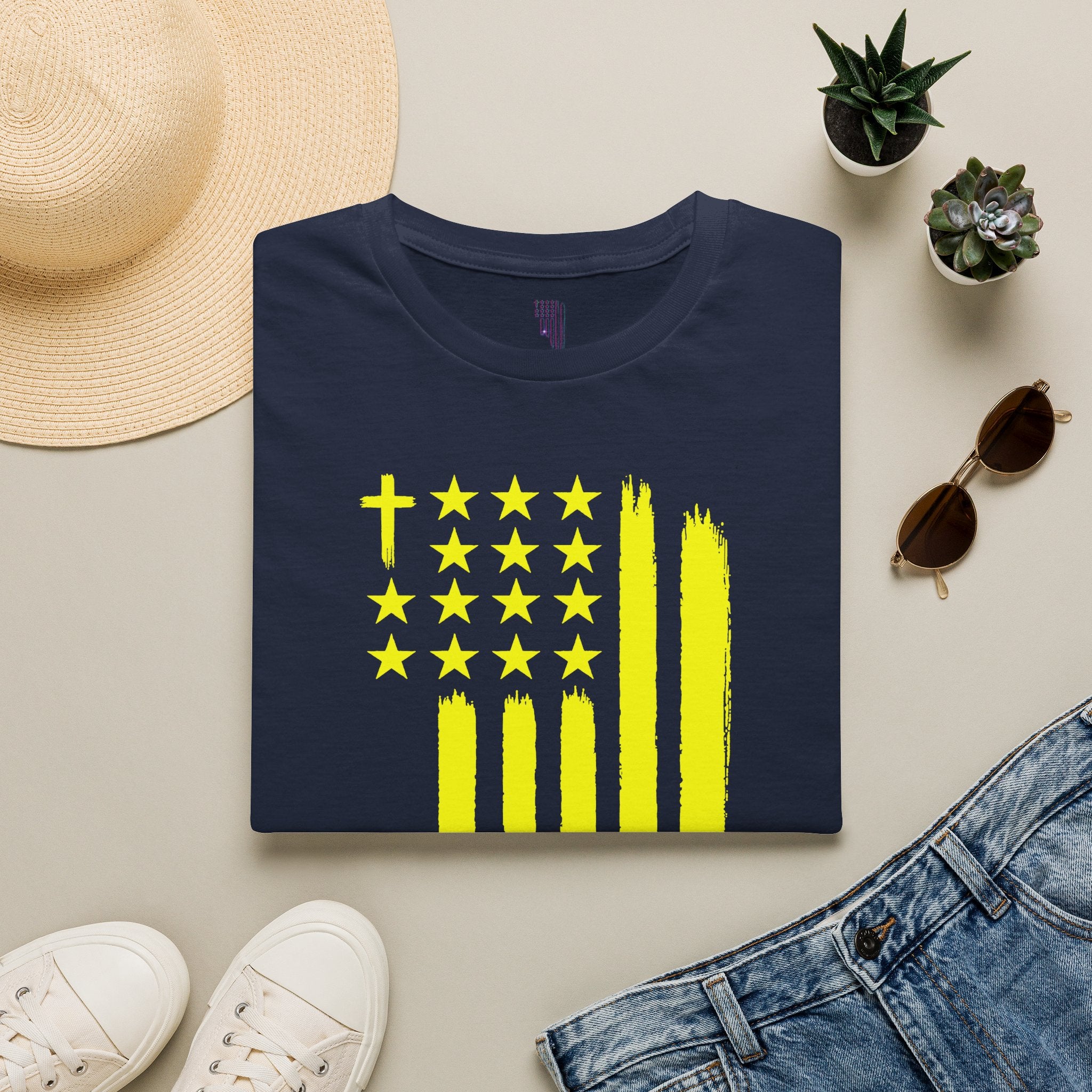 Neon Yellow Stylized American Flag T-Shirt