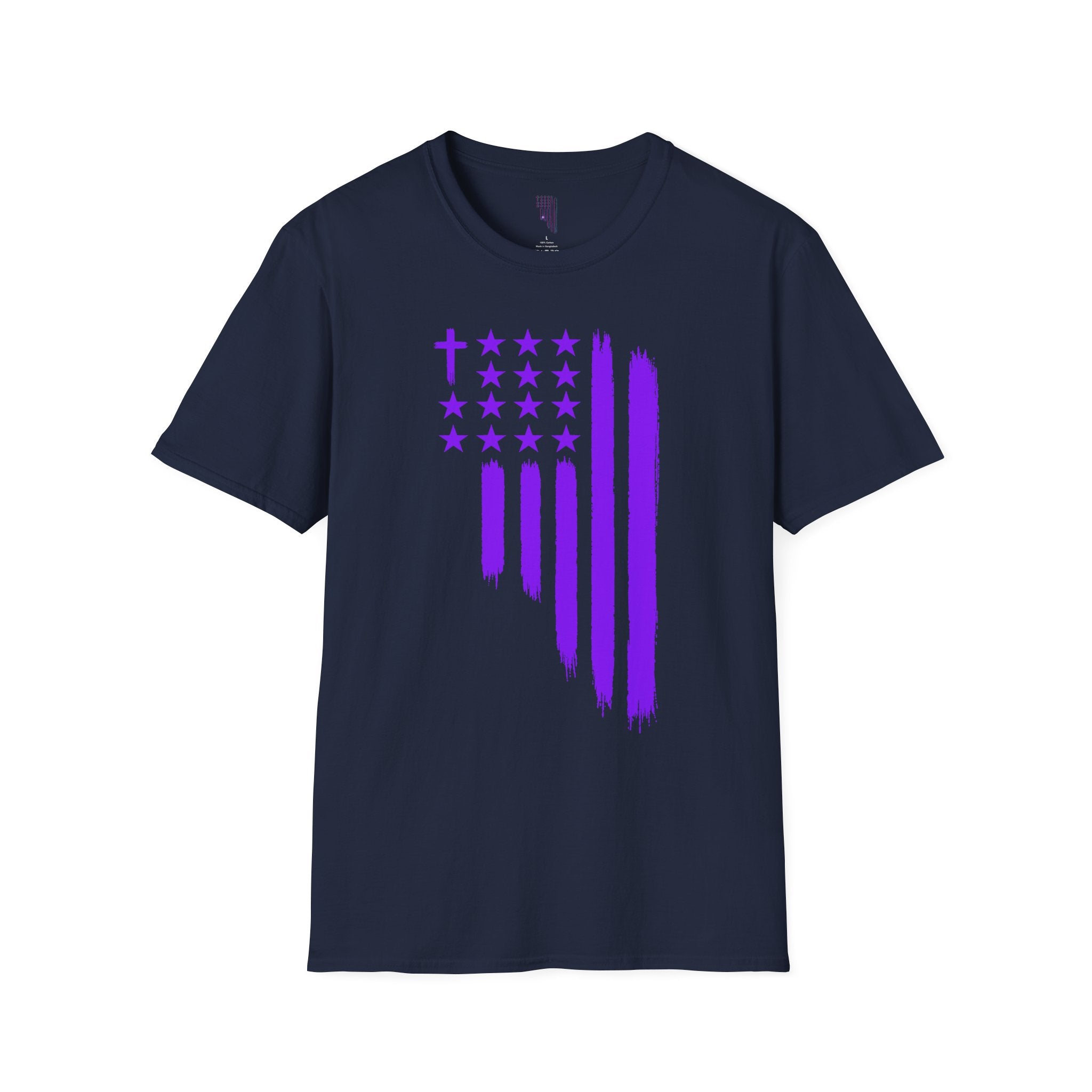 Christian Flag T-Shirt — Purple Brushstroke American Flag with Cross