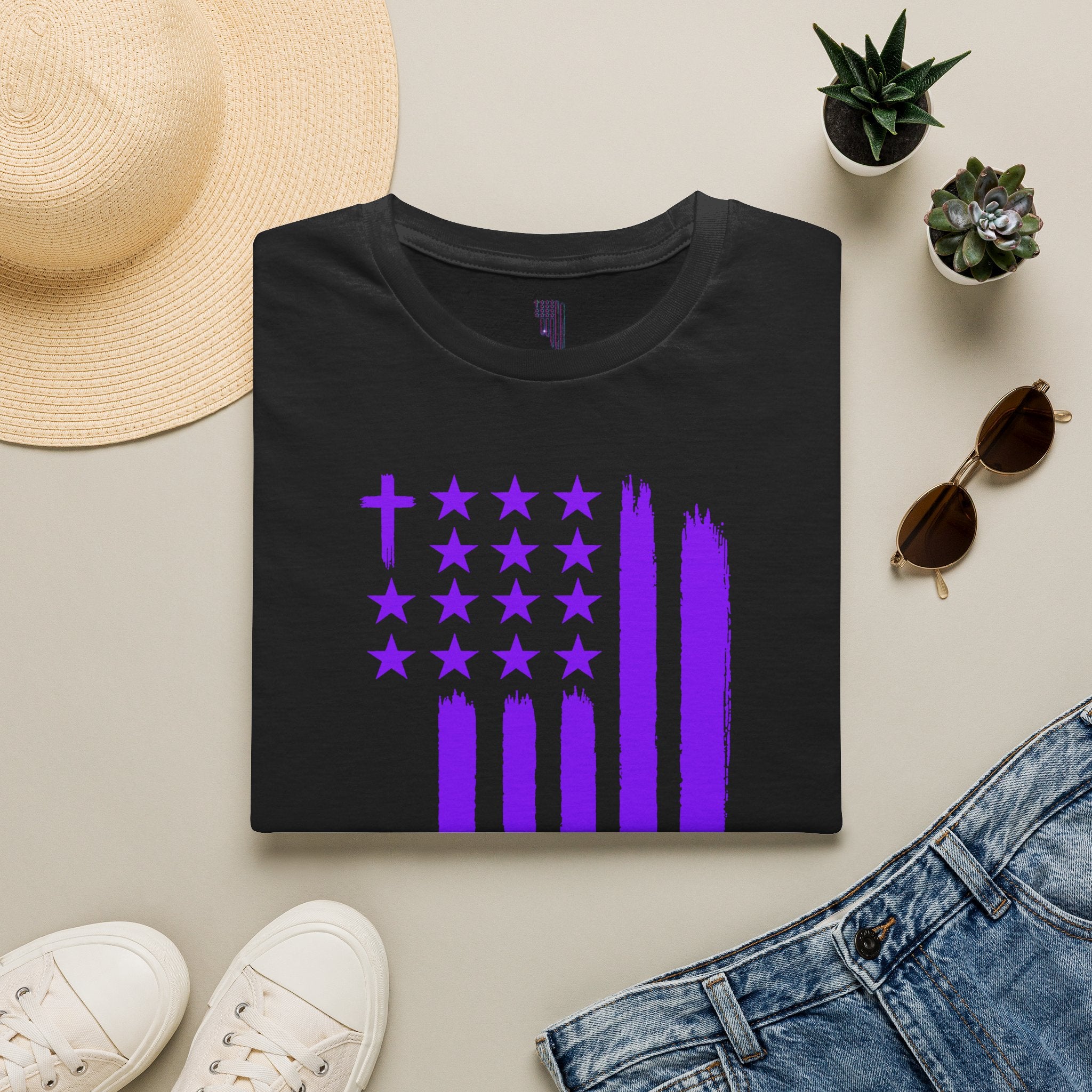 Christian Flag T-Shirt — Purple Brushstroke American Flag with Cross