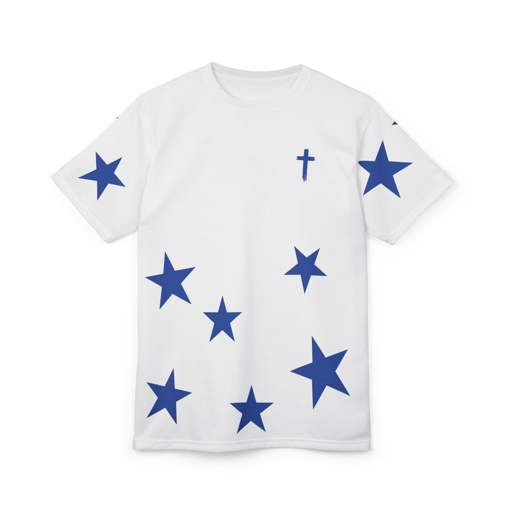 Star Scatter Tee — Blue Stars & Cross All-Over Print