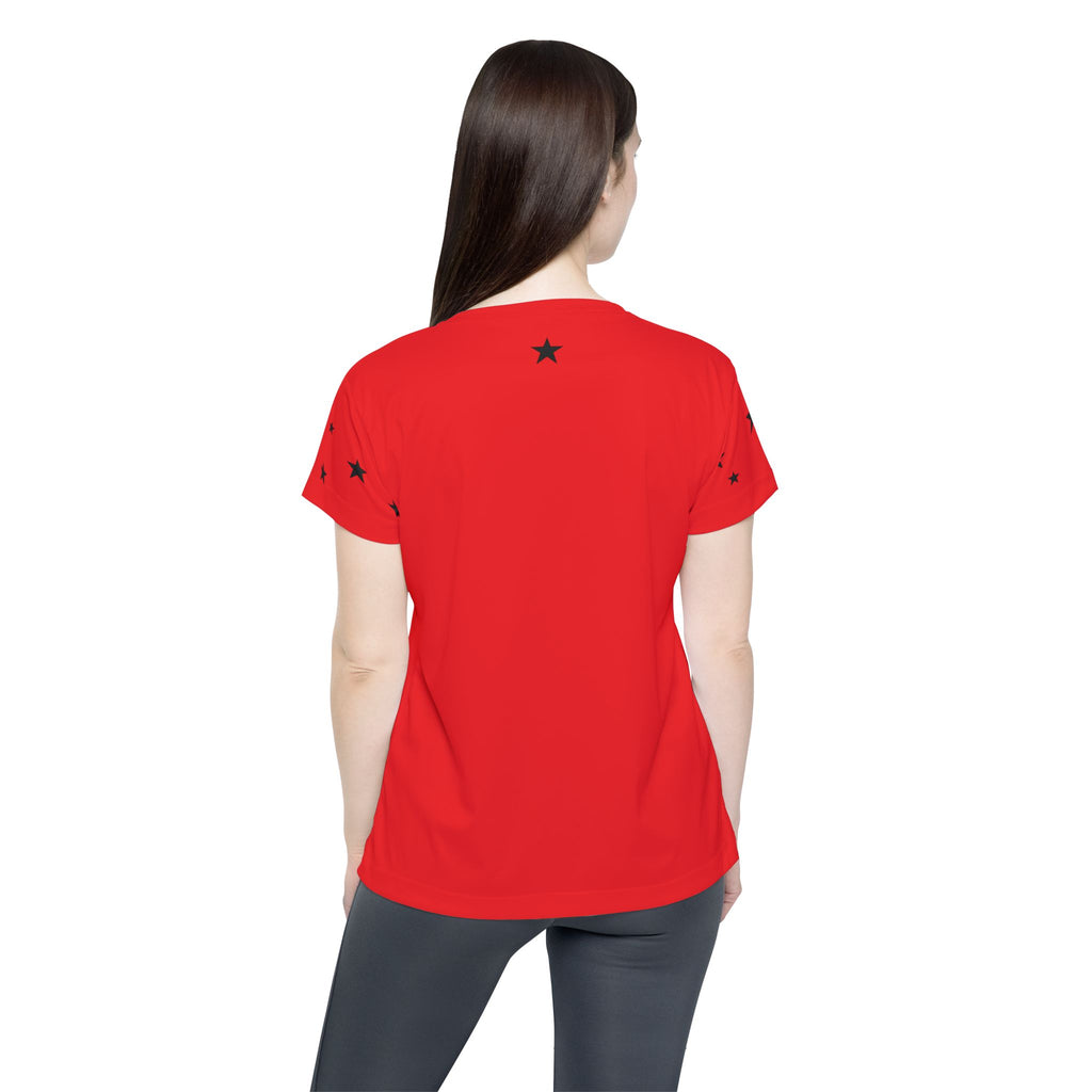 Women's Red Star Print Sports Jersey — Athletic Tee with Scattered Black Stars
