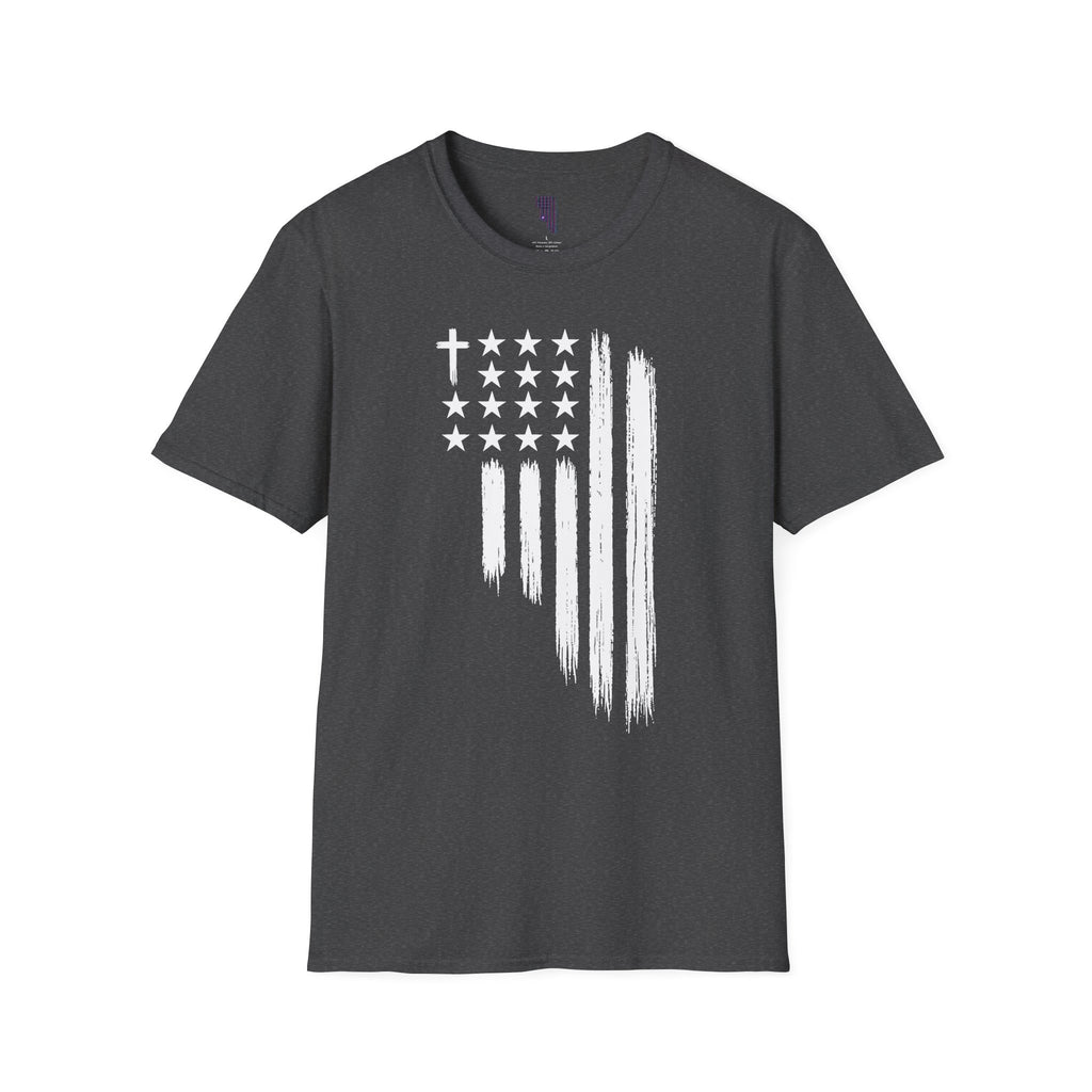 Christian American Flag T-Shirt — Distressed Cross & Stars Patriotic Tee