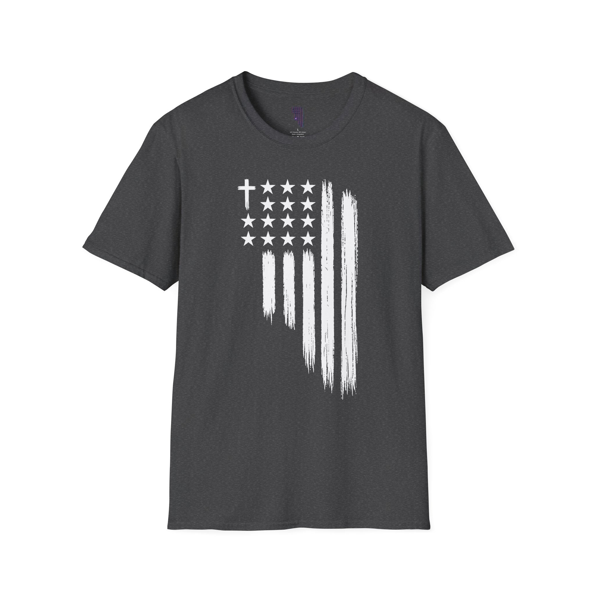 Christian American Flag T-Shirt — Distressed Cross & Stars Patriotic Tee