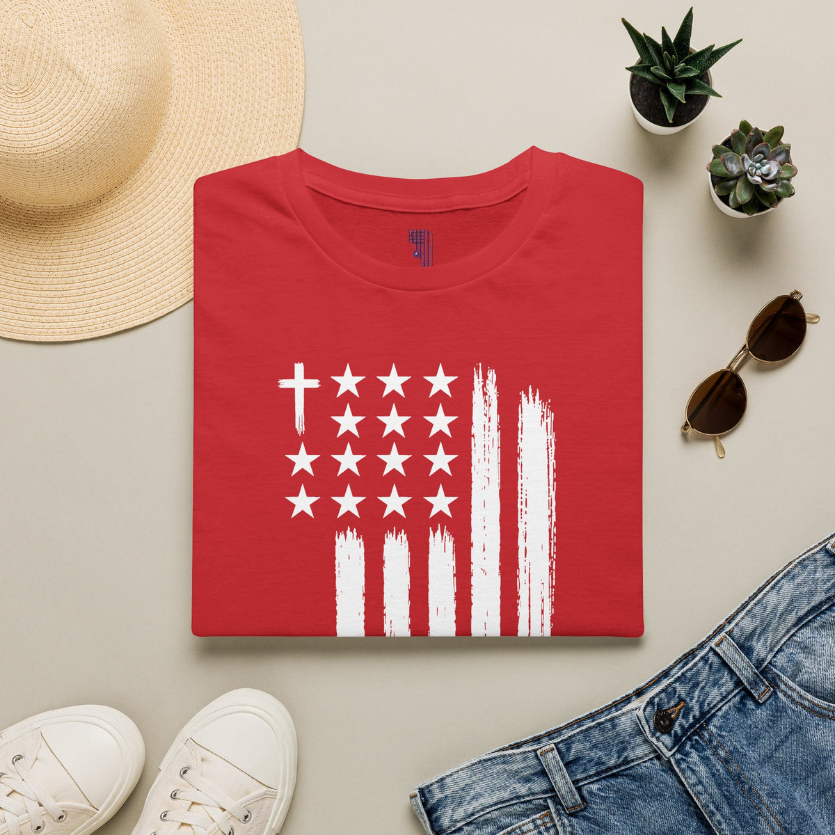 Christian American Flag T-Shirt — Distressed Cross & Stars Patriotic Tee