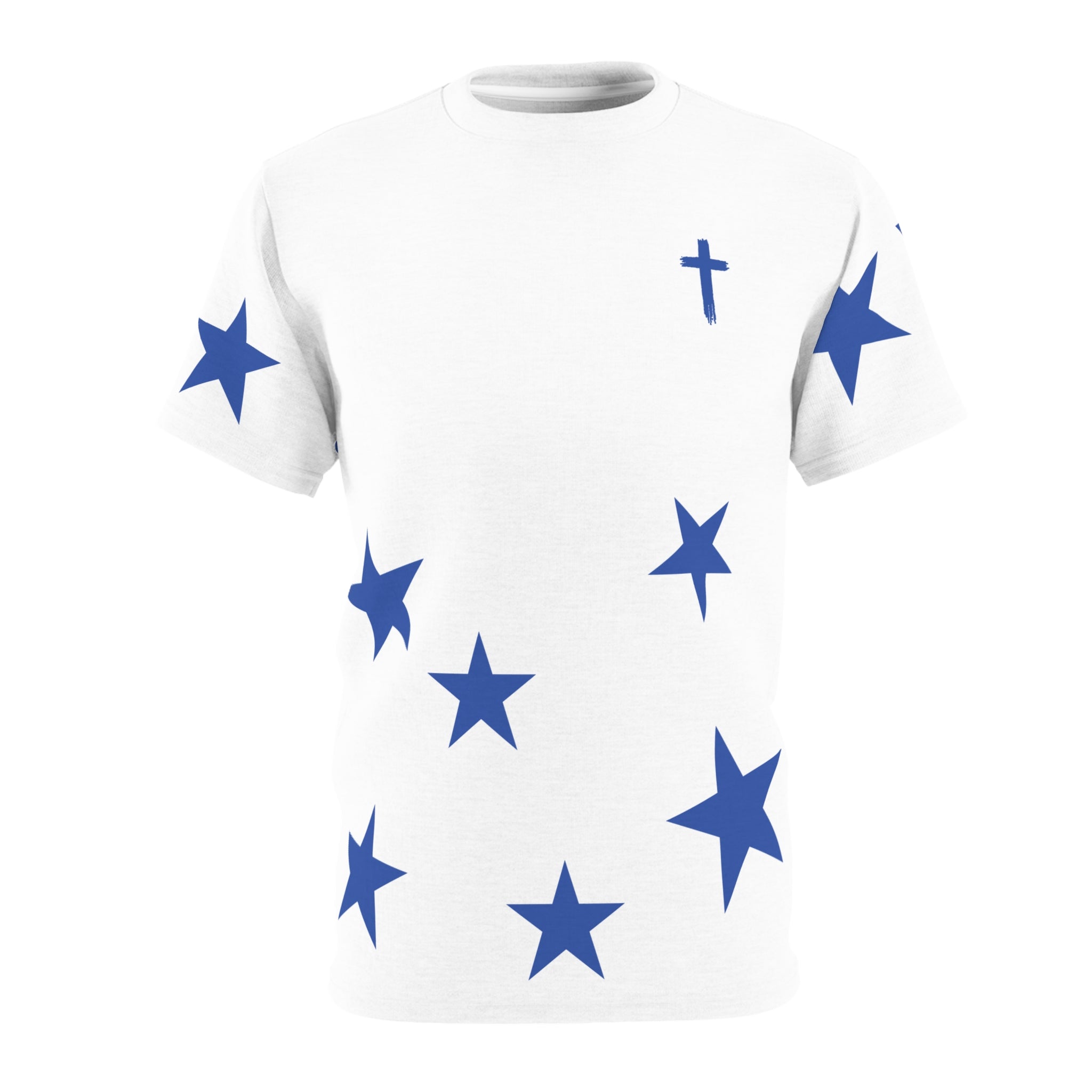 Star Scatter Tee — Blue Stars & Cross All-Over Print