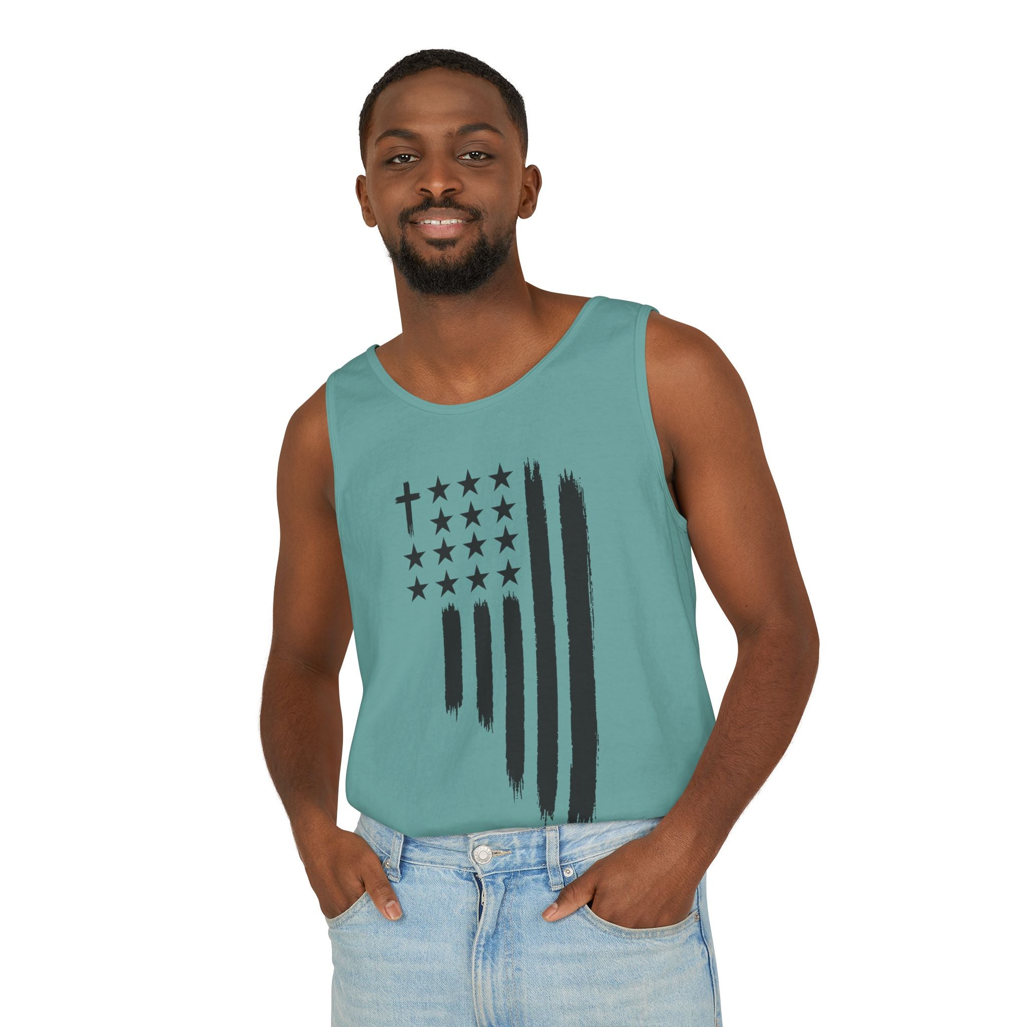 2nd set of colors ALL STARS Flag Tank Top — Distressed Cross & Stars Patriotic Design