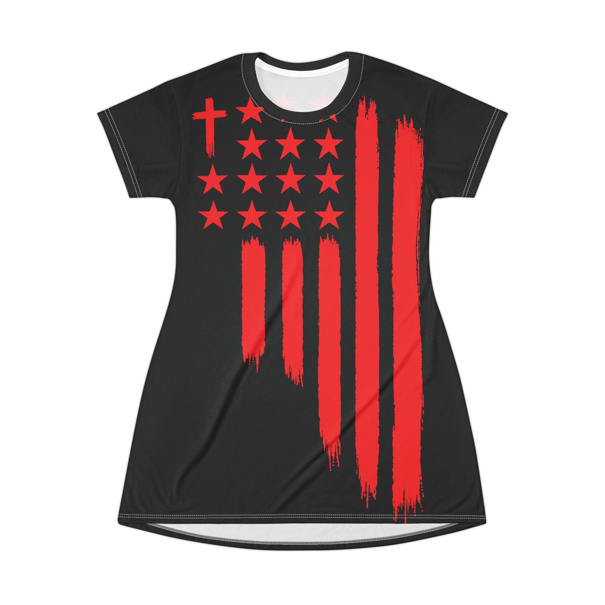 Patriotic Cross Flag T-Shirt Dress — Red Brushstroke American Flag