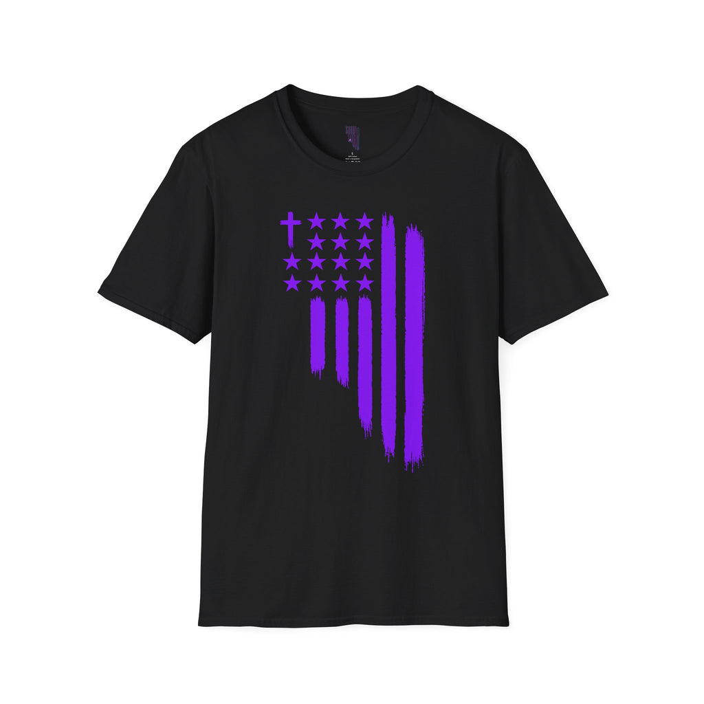 Christian Flag T-Shirt — Purple Brushstroke American Flag with Cross