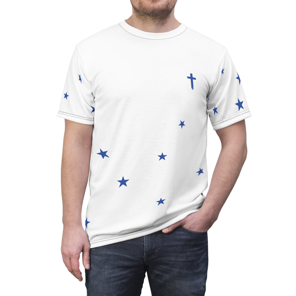 Star Scatter Tee — Blue Stars & Cross All-Over Print