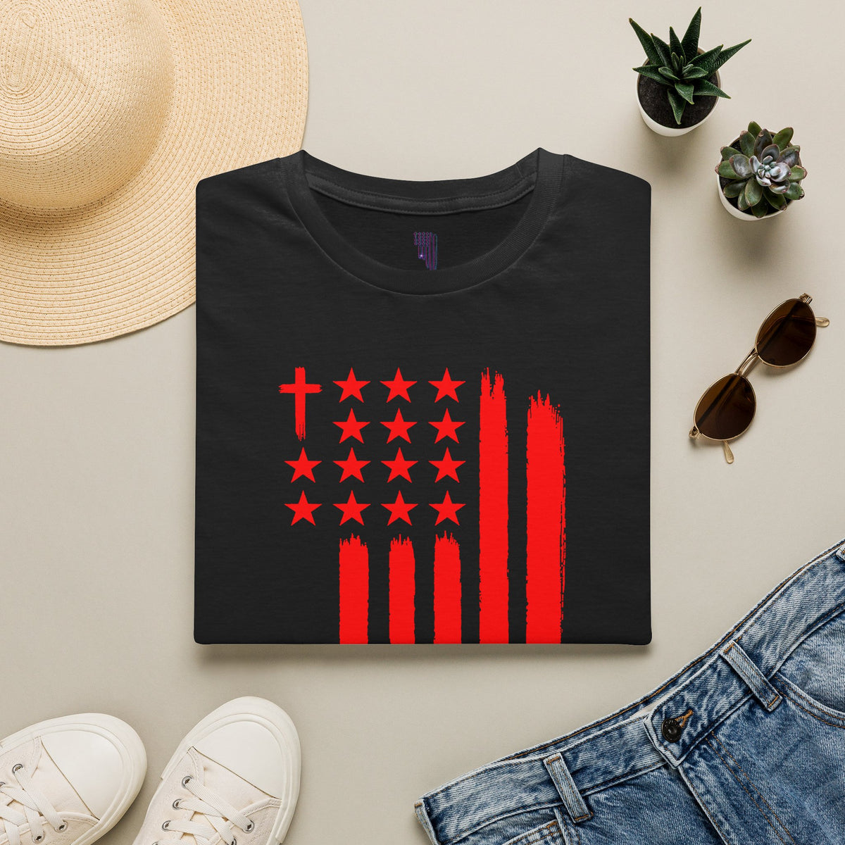 Patriotic Red Brushstroke Flag T‑Shirt