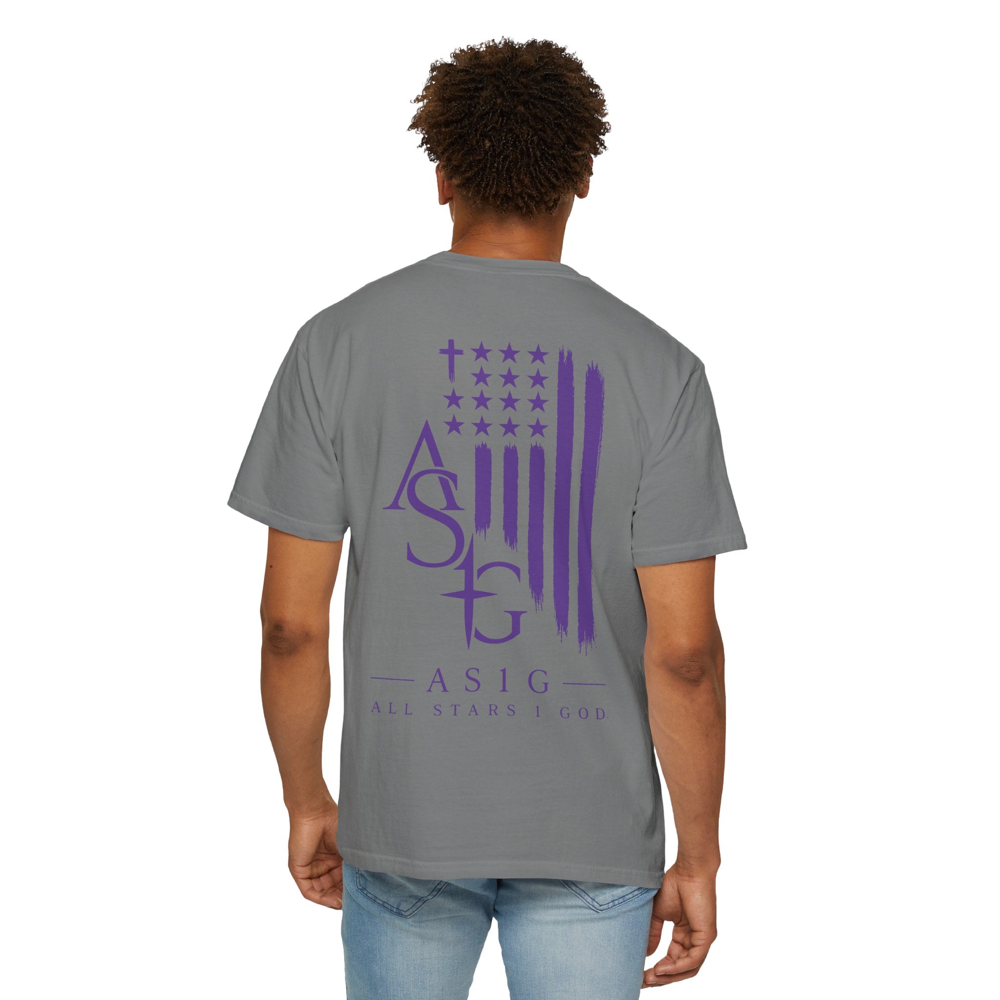 ASIG All Stars & God Flag T‑Shirt — Purple Brushstroke American Flag Tee