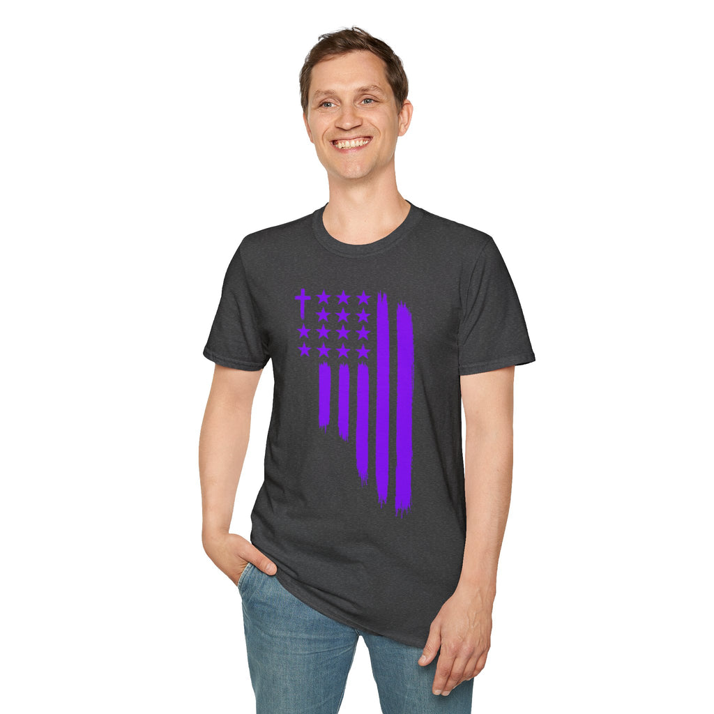 Christian Flag T-Shirt — Purple Brushstroke American Flag with Cross