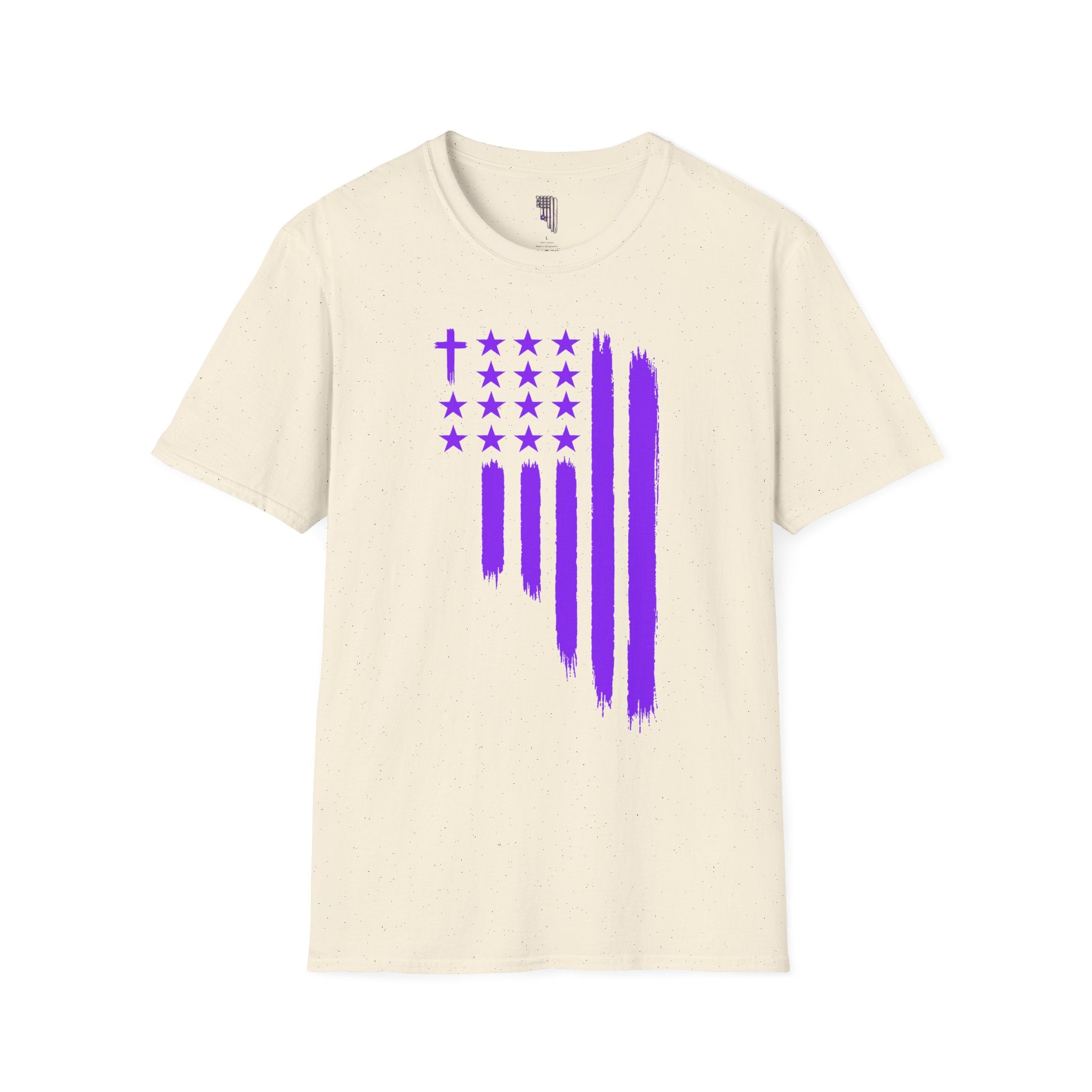 Christian Flag T-Shirt — Purple Brushstroke American Flag with Cross