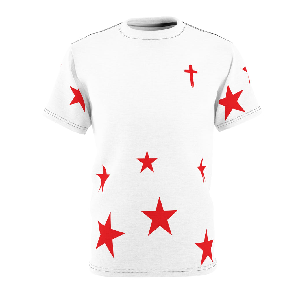 White Tee with Red Stars & Cross — Christian Graphic T‑Shirt