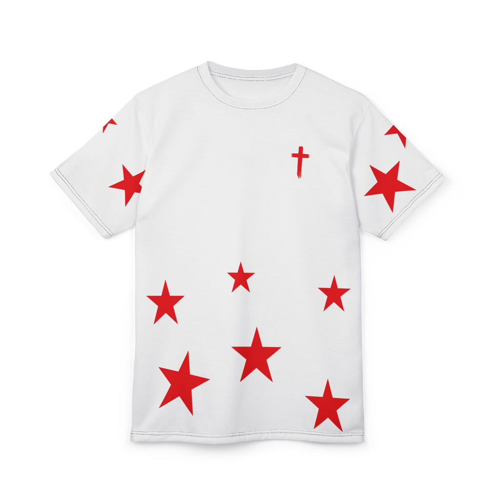 White Tee with Red Stars & Cross — Christian Graphic T‑Shirt