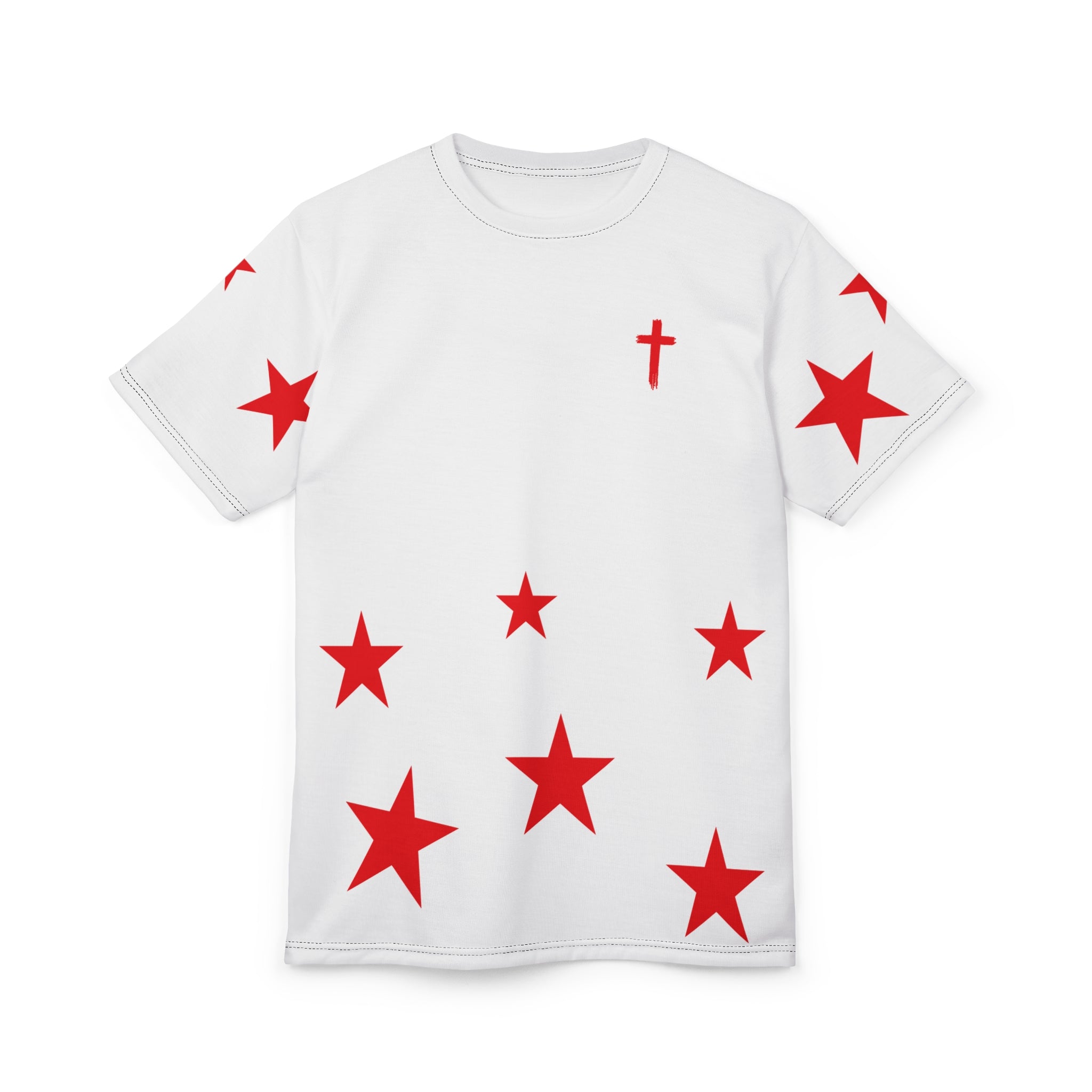 White Tee with Red Stars & Cross — Christian Graphic T‑Shirt