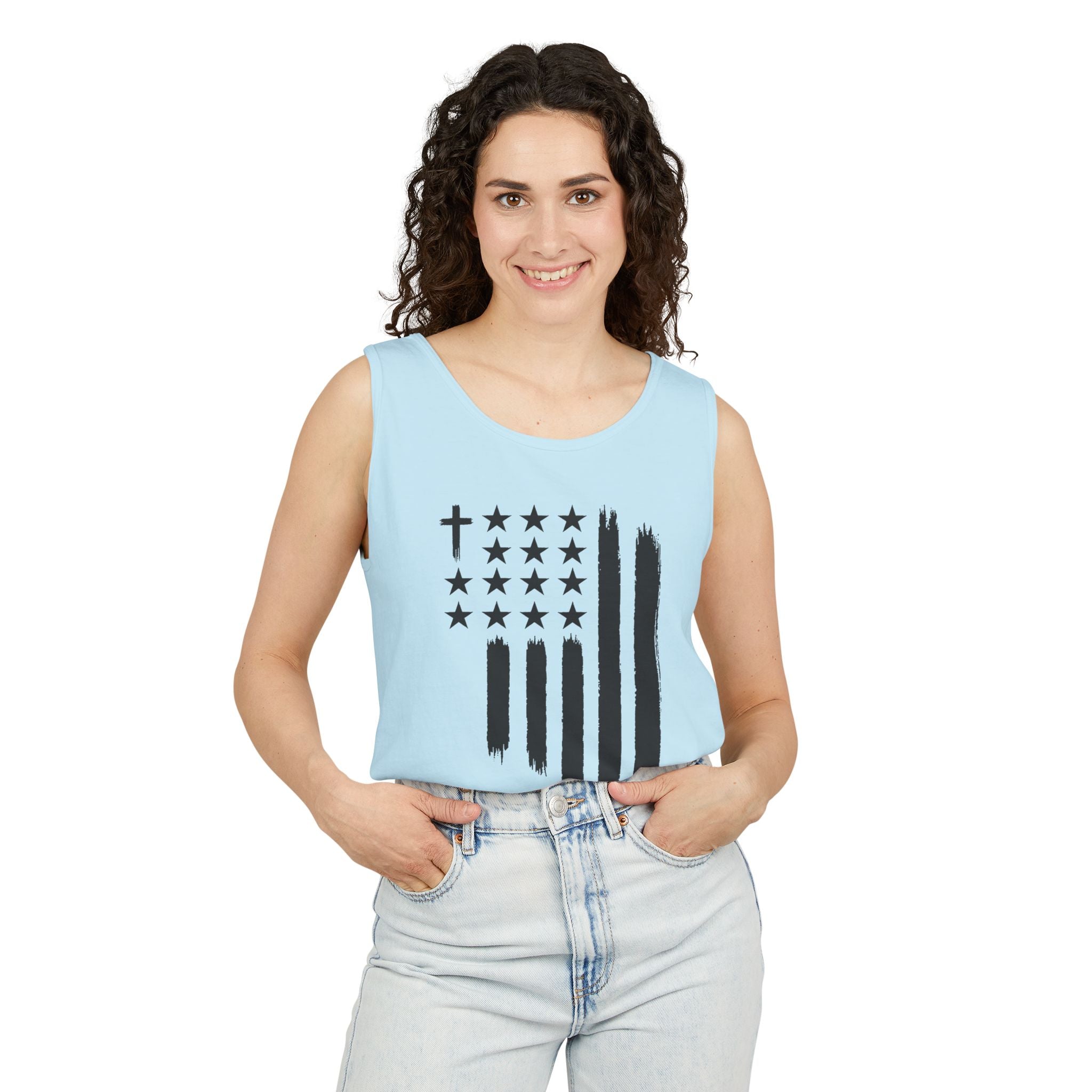 1st set of colors ALL STARS Flag Tank Top — Distressed Cross & Stars Patriotic Tank