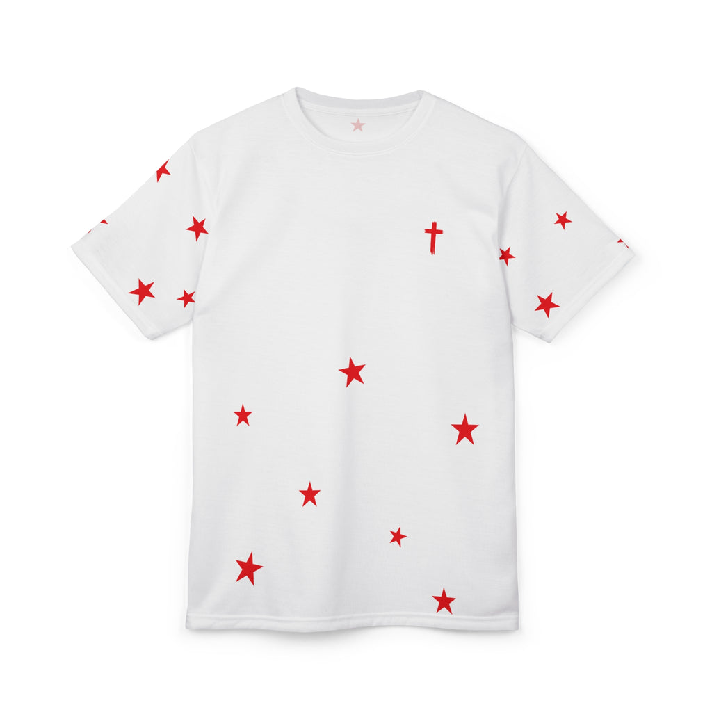 White Tee with Red Stars & Cross — Christian Graphic T‑Shirt