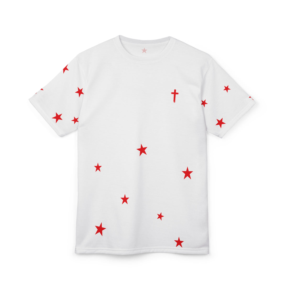 White Tee with Red Stars & Cross — Christian Graphic T‑Shirt