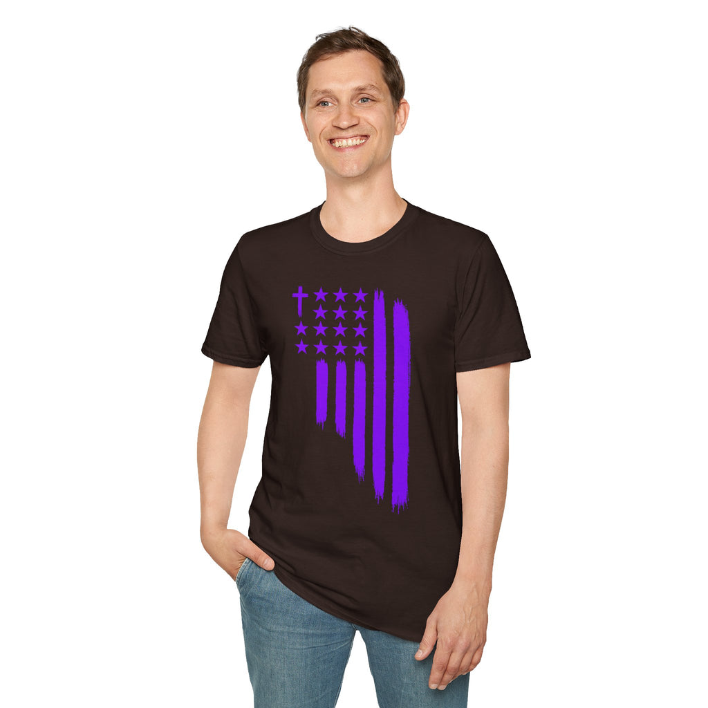 Christian Flag T-Shirt — Purple Brushstroke American Flag with Cross