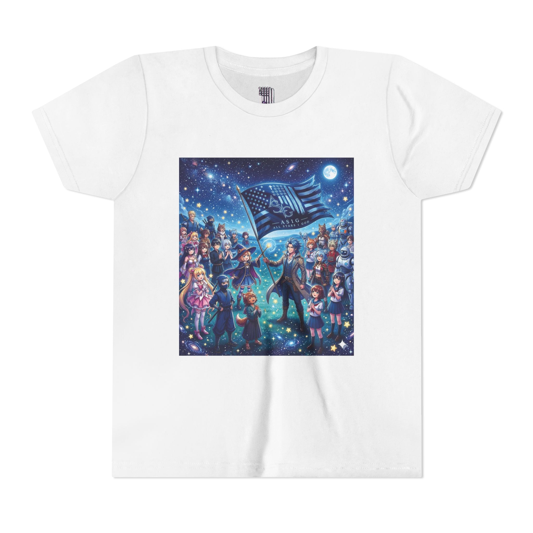 Youth Tee — Starry Night Patriotic Kids T‑Shirt (American Flag & Kids Illustration)