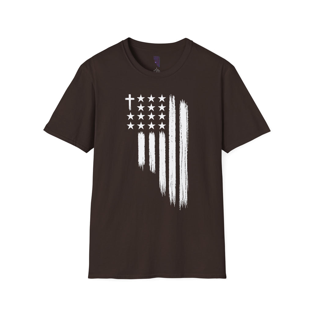 Christian American Flag T-Shirt — Distressed Cross & Stars Patriotic Tee