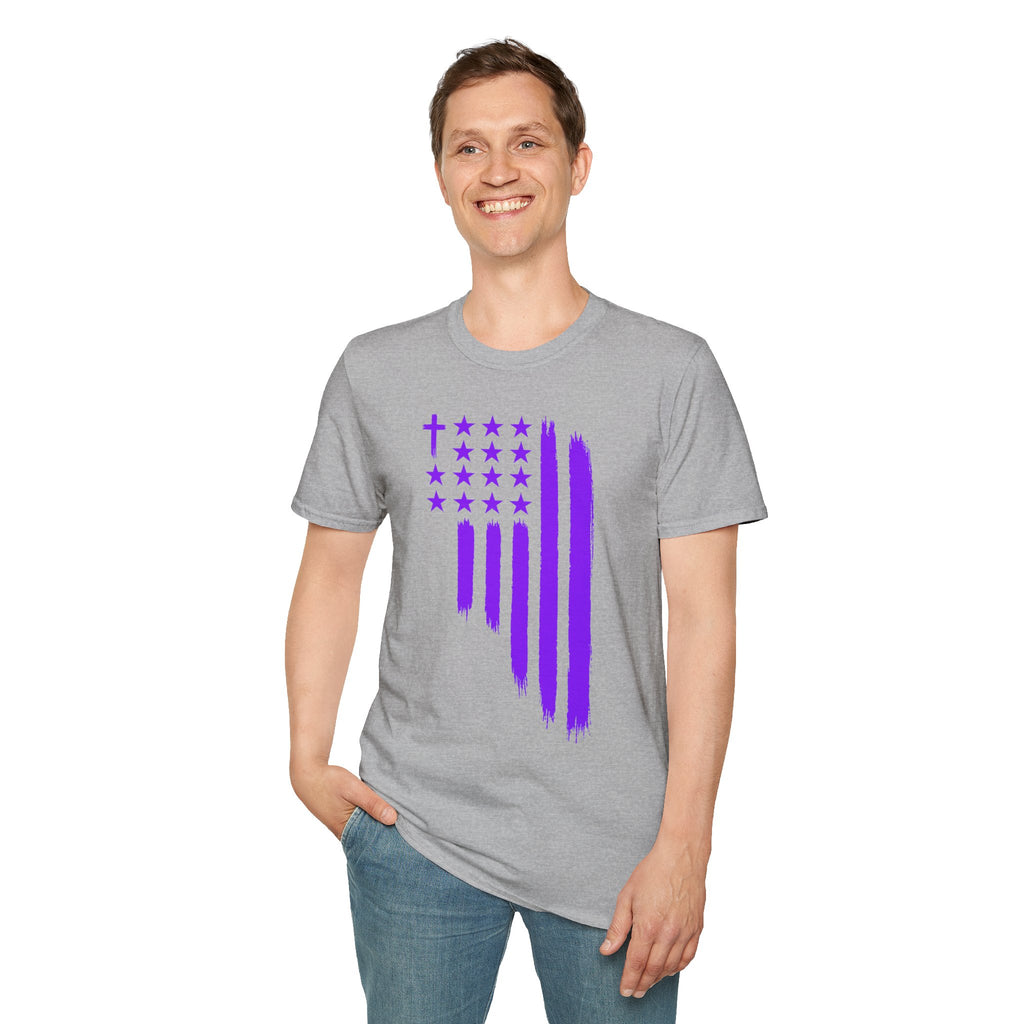 Christian Flag T-Shirt — Purple Brushstroke American Flag with Cross