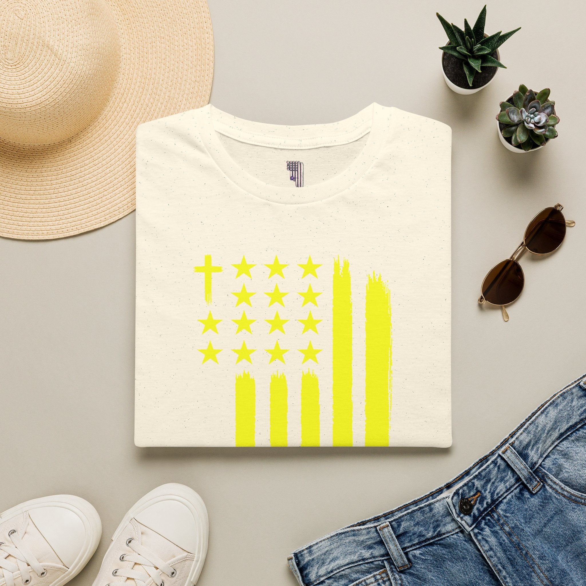 Neon Yellow Stylized American Flag T-Shirt