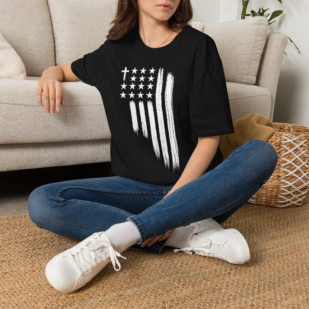 Christian American Flag T-Shirt — Distressed Cross & Stars Patriotic Tee