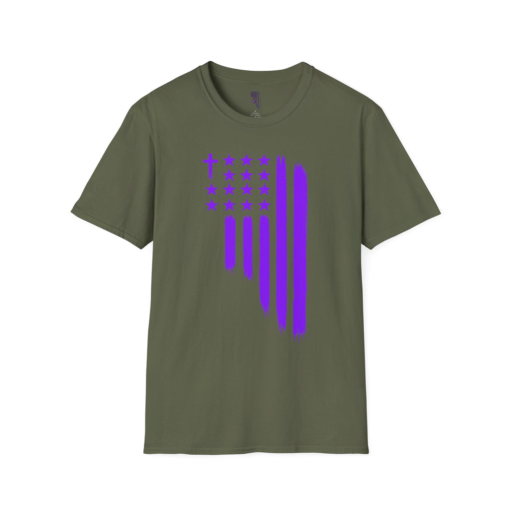 Christian Flag T-Shirt — Purple Brushstroke American Flag with Cross
