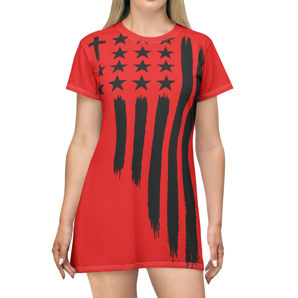Christian Flag T-Shirt Dress — Red Brushstroke American Cross Stars Design