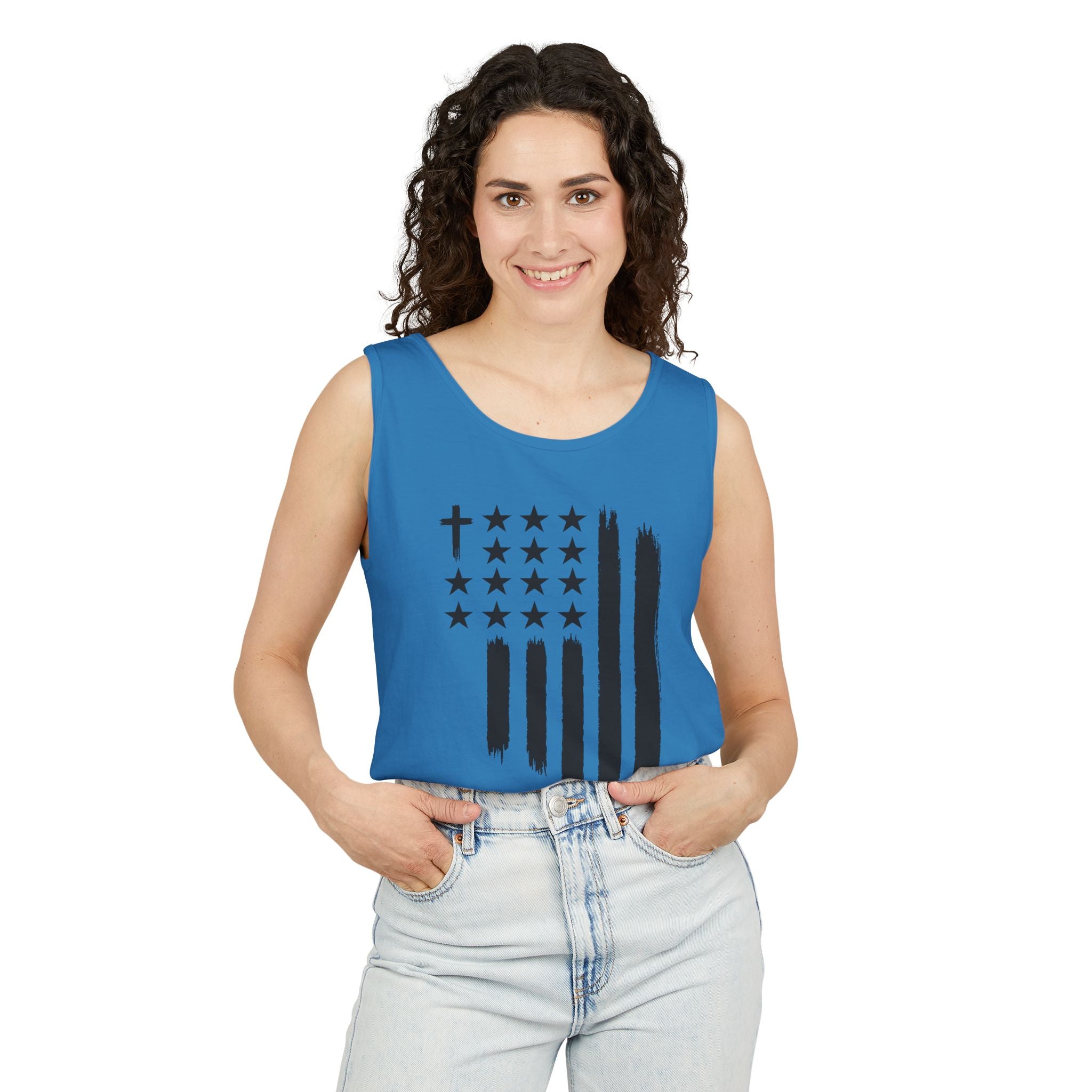1st set of colors ALL STARS Flag Tank Top — Distressed Cross & Stars Patriotic Tank