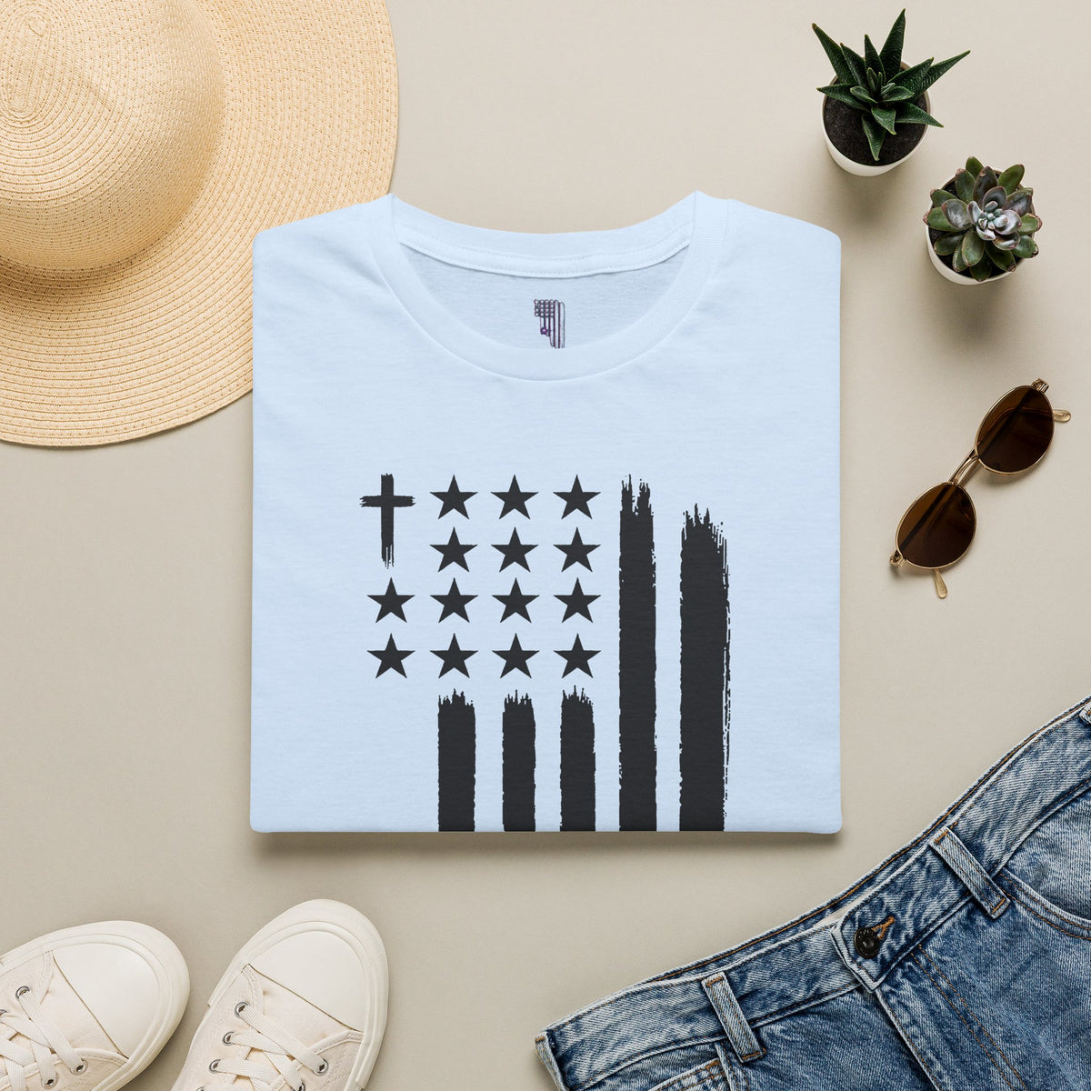Christian Flag T-Shirt — Distressed American Cross Stars Tee