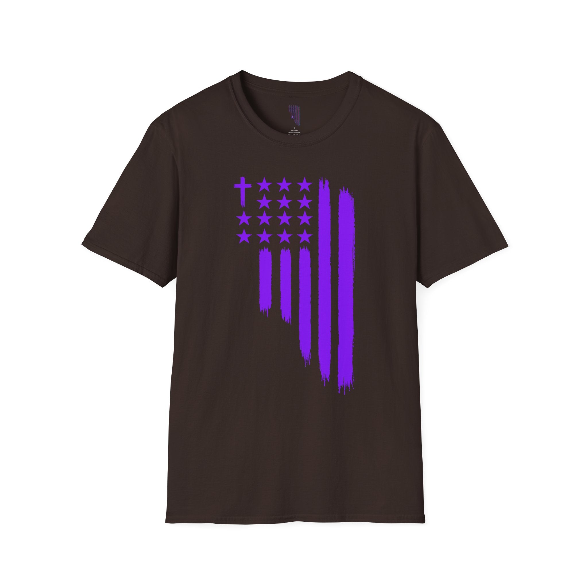 Christian Flag T-Shirt — Purple Brushstroke American Flag with Cross
