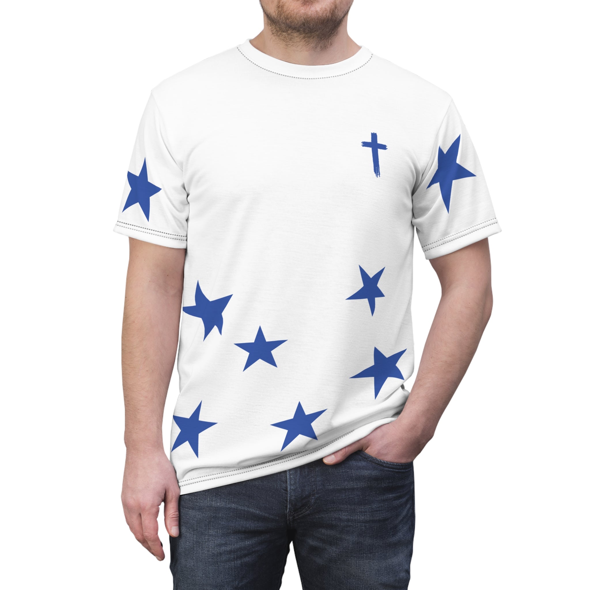 Star Scatter Tee — Blue Stars & Cross All-Over Print
