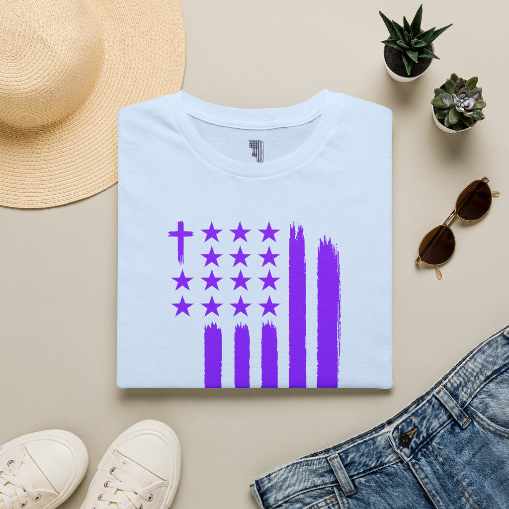 Christian Flag T-Shirt — Purple Brushstroke American Flag with Cross