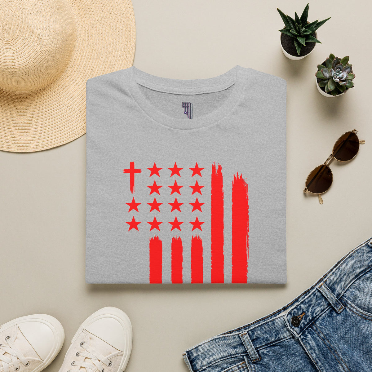 Patriotic Red Brushstroke Flag T‑Shirt