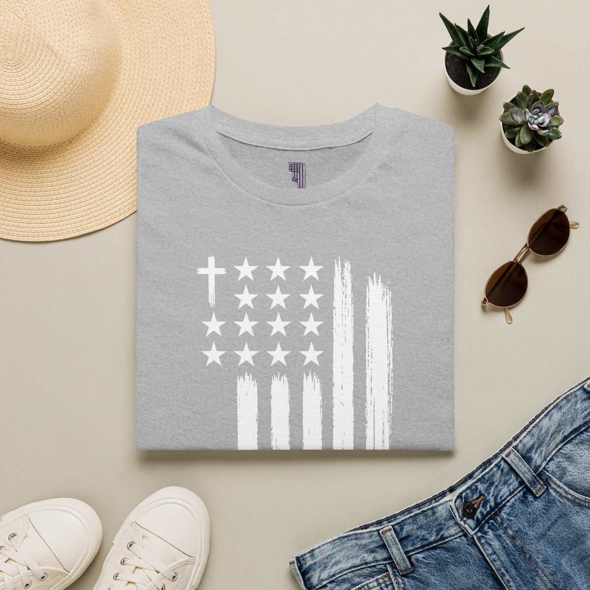 Christian American Flag T-Shirt — Distressed Cross & Stars Patriotic Tee