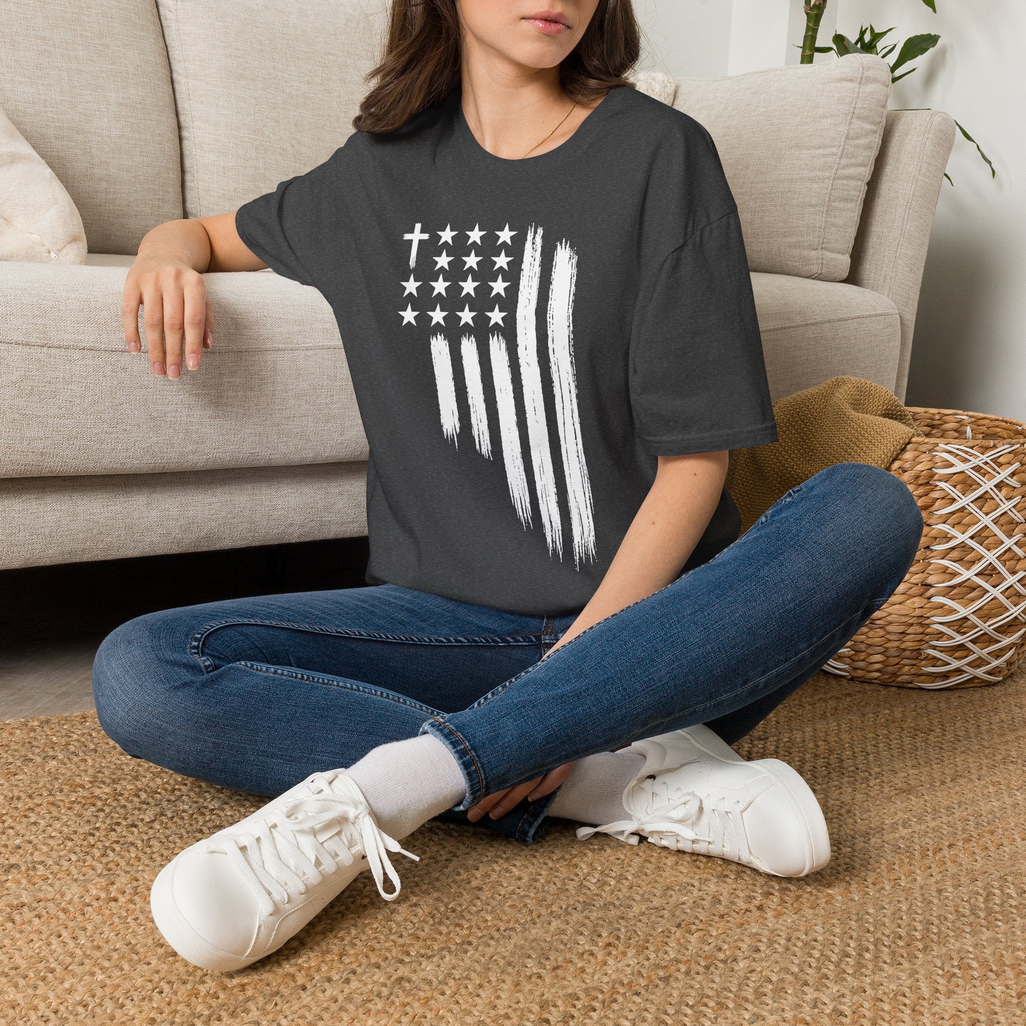 Christian American Flag T-Shirt — Distressed Cross & Stars Patriotic Tee