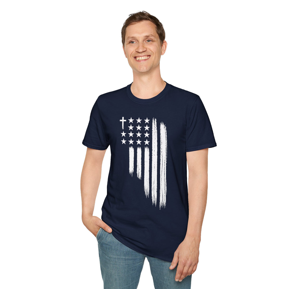 Christian American Flag T-Shirt — Distressed Cross & Stars Patriotic Tee