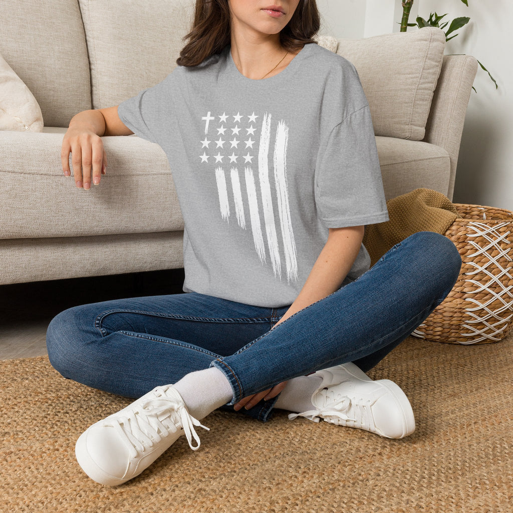 Christian American Flag T-Shirt — Distressed Cross & Stars Patriotic Tee