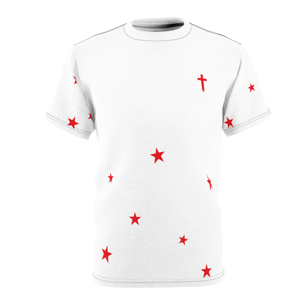 White Tee with Red Stars & Cross — Christian Graphic T‑Shirt