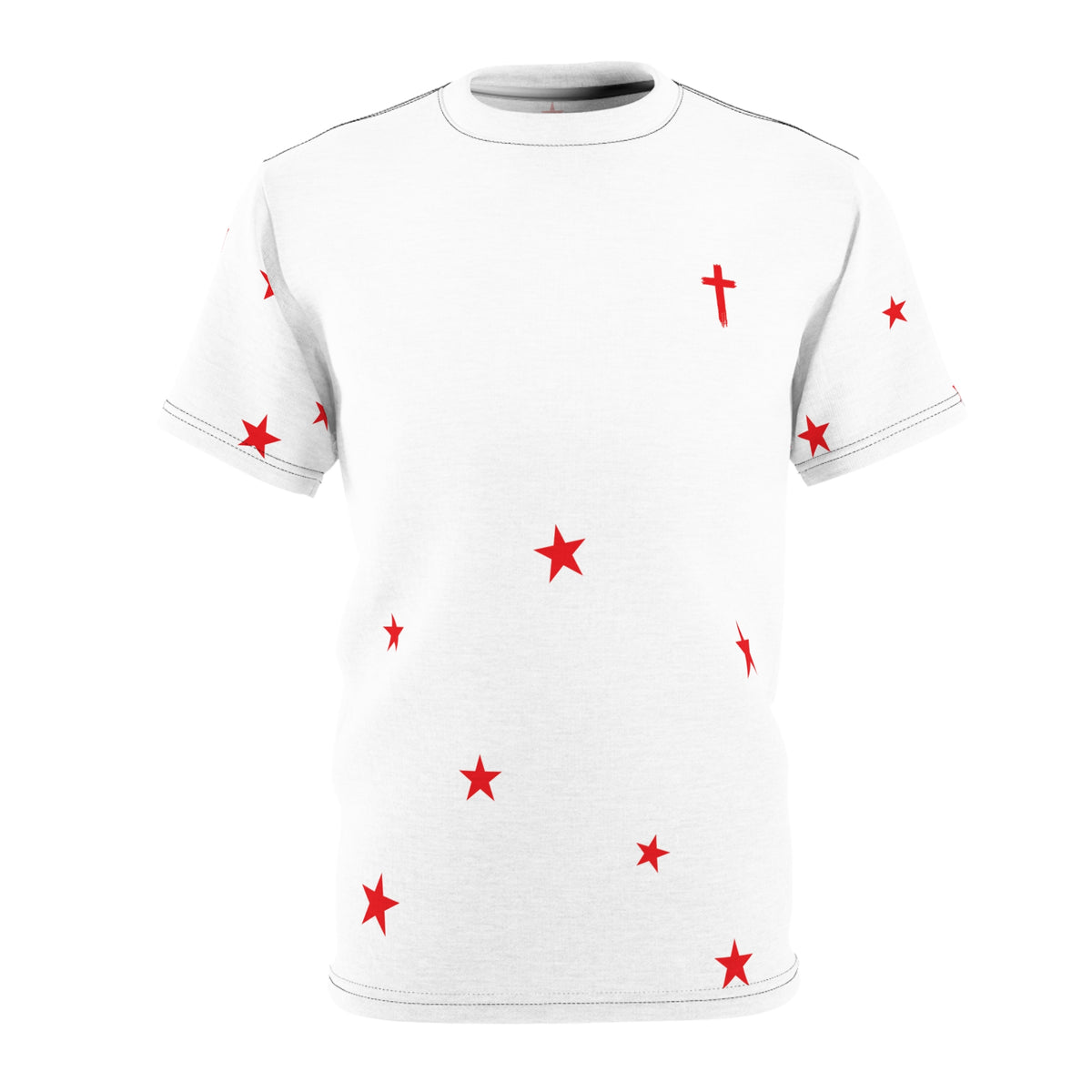 White Tee with Red Stars & Cross — Christian Graphic T‑Shirt