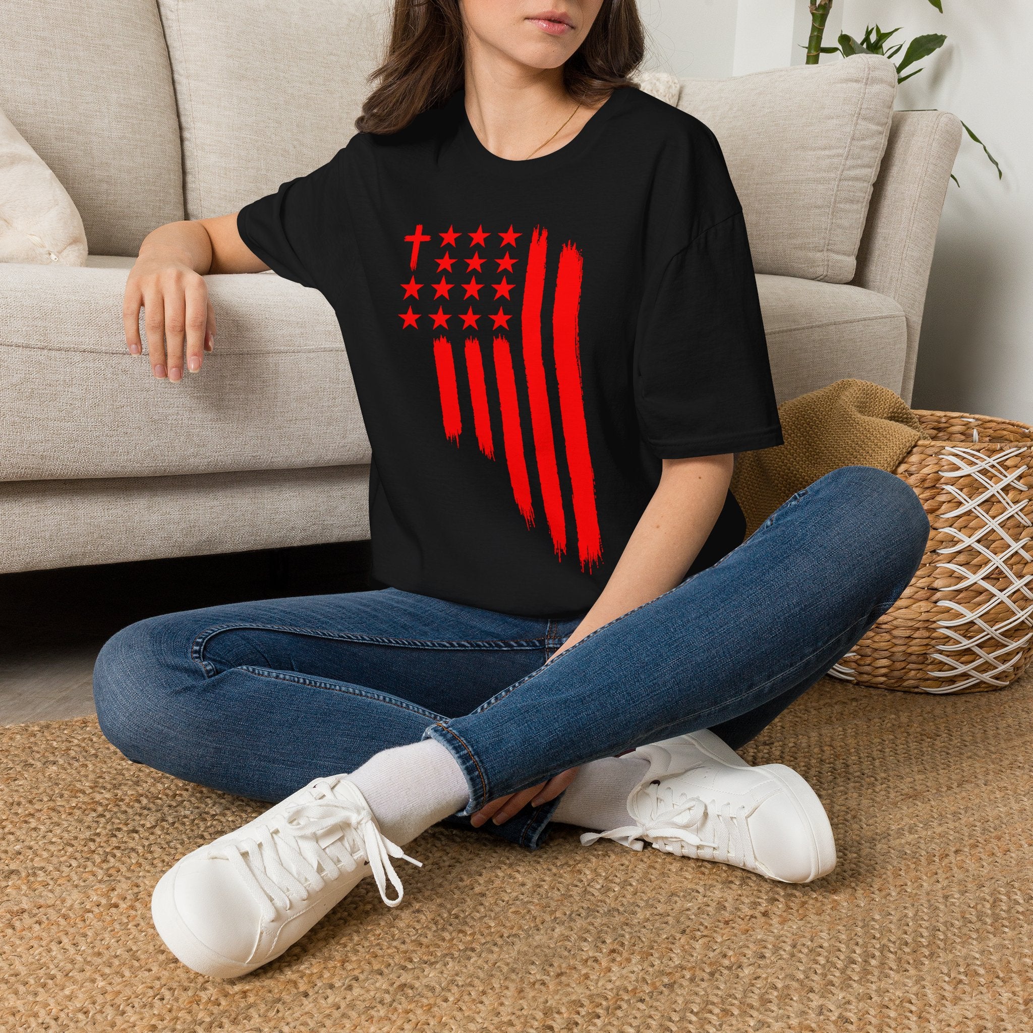 Patriotic Red Brushstroke Flag T‑Shirt